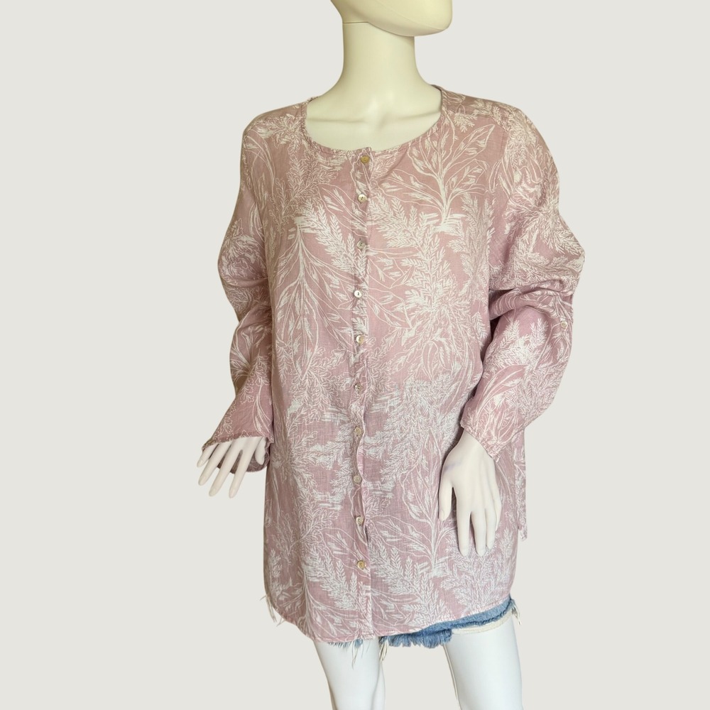 Tahari Womens Mauve Pink Linen Botanical Print Button Down Tunic Top Shirt  1X
